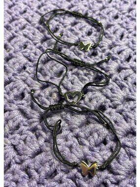 Set of 3 Silvertone Butterfly Black Cord Adjustable Bracelets